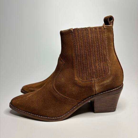 FARYL by Farylrobin Wren Pointed Toe Heeled Booties in Cognac Cowsuede - Picture 1 of 10